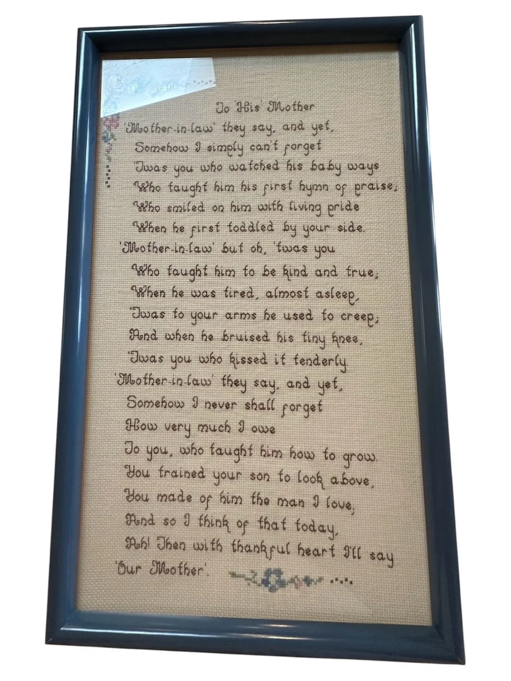 Framed 'To His Mother' Cross-Stitch Wall Art - Blue Frame
